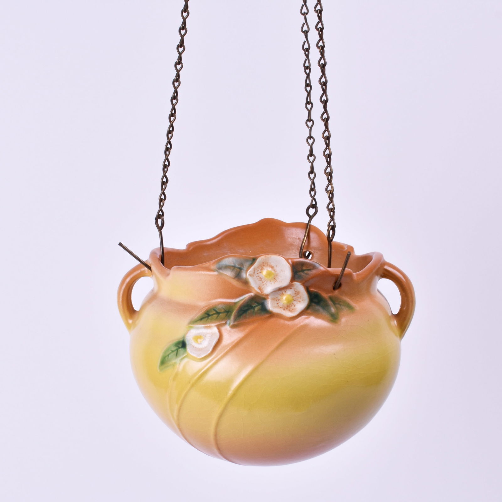 Roseville Pottery Yellow Mock Orange Hanging Basket: 5 3/4 inches high, 7 1/8 inches wide, 6 5/8 inches deep, marked U.S.A. 961-5.