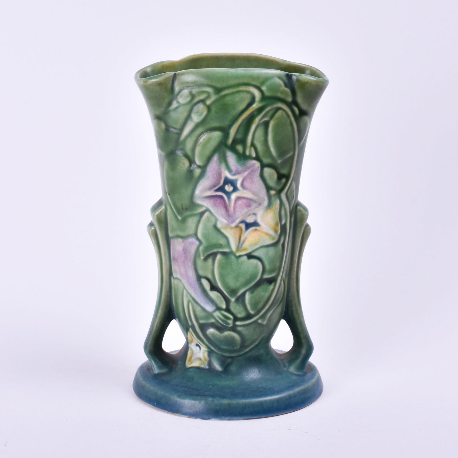 Roseville Pottery Green Morning Glory Vase: 7 1/4 inches high, 4 1/4 inches wide, 3 3/4 inches deep, unmarked, 625-7.