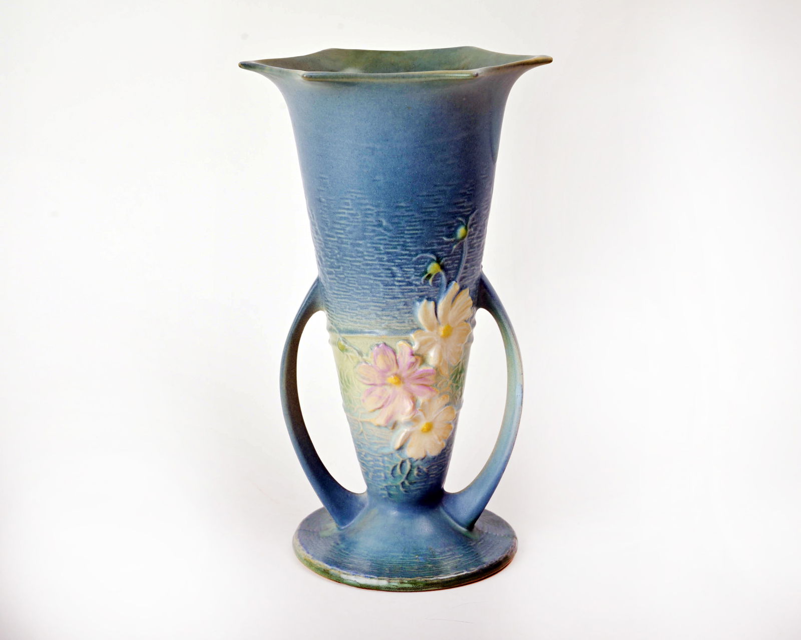 Roseville Pottery Blue Cosmos Vase: 10 1/8 inches high , 6 1/8 inches wide, 5 1/4" deep, marked Roseville USA 954-10.