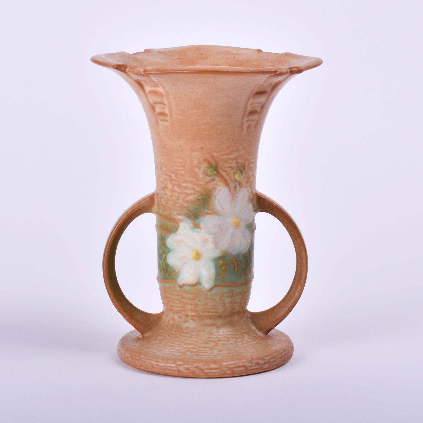 Roseville Pottery Brown Cosmos Vase: 6 1/4 inches high, 4 5/8 inches wide, 4 3/4 inches deep, marked Roseville, USA 947-6.