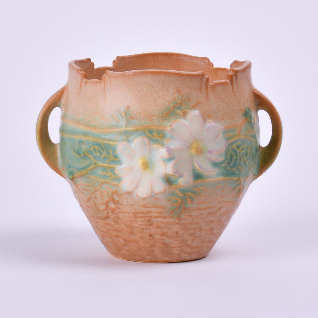 Roseville Pottery Brown Cosmos Vase: 3 1/2 inches high, 4 1/2 inches wide, 4 inches deep, marked Roseville, USA 949-3.