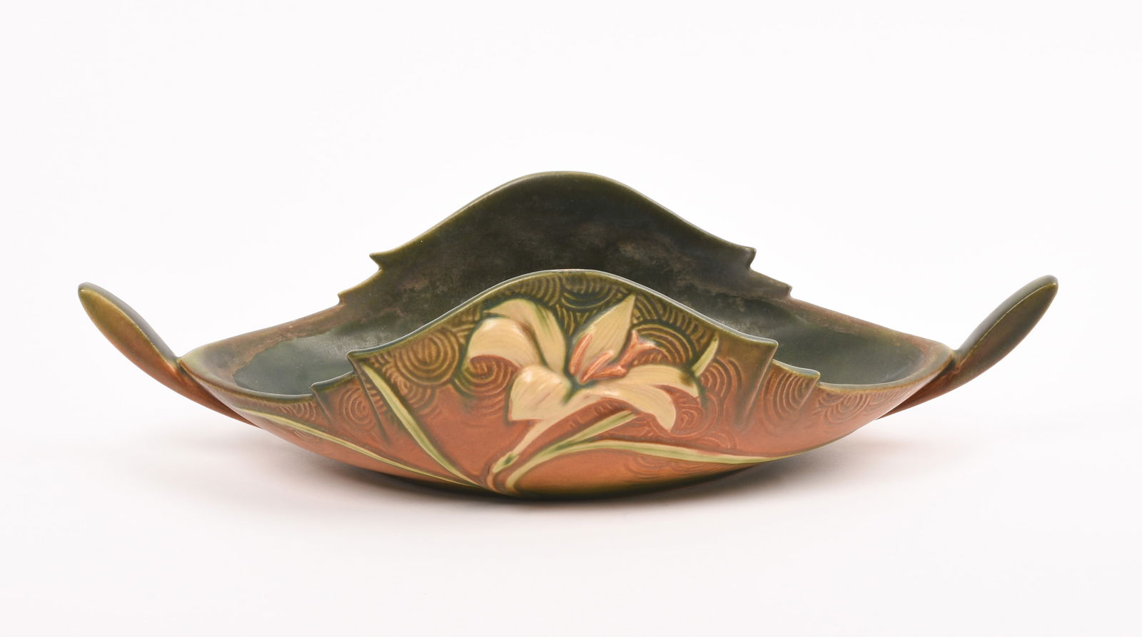 Roseville Pottery Brown Zephyr Lily Console Bowl: 3 1/2 inches high, 14 inches wide, 7 1/8 inches deep, marked Roseville USA 475-10.