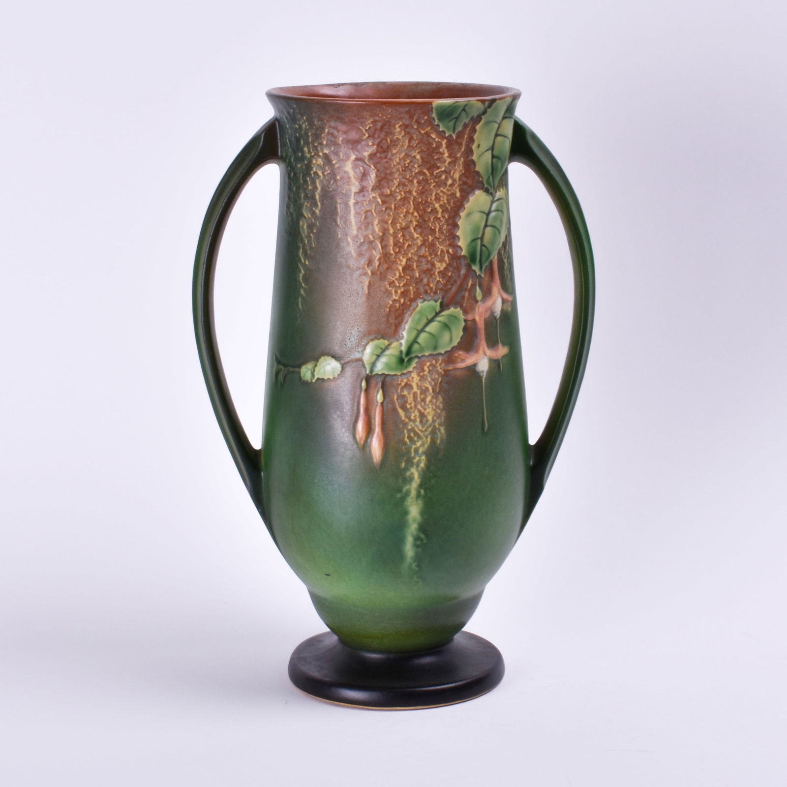 Roseville Pottery Green Fuchsia Vase: 12 1/4 inches high, 8 3/8 inches wide, 5 5/8 inches deep, Marked Roseville 903-12.