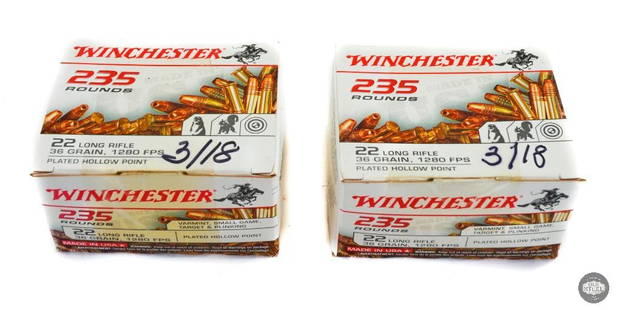 235 Round Box - Winchester USA .22 LR 36gr Plated Hollow Point - USA235LRH: This lot contains Winchester USA .22 Long Rifle 36 GR. plated lead hollow point. 2 boxes, 235 per BOX - USA235LRH. 470 rounds total. Boxes are sealed with packing tape and 3/18 written in