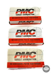 3 Boxes of PMC 9A 9MM Luger Target - 115 Grain Full Metal Jacket 50rd box - Brass Casing: This lot contains 3 Boxes of PMC 9A 9MM Luger (9x19) Target Ammunition. 115 Grain Full Metal Jacket in a 50rd box - Brass Casing. THIS ITEM IS AS PICTURED WITH NO FURTHER ATTACHMENTS. ALL