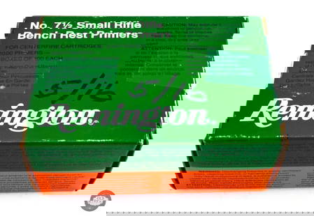 1000 Remington Small Rifle Bench Rest Primers #7-1/2 - Ten 100 Ct. Boxes: This lot contains 1000 Remington #7-1/2 Small Rifle Bench Rest Primers.10 boxes of 100 each with the ends taped shut and 5/16 written in sharpie. THIS ITEM IS AS PICTURED WITH NO FURTHER