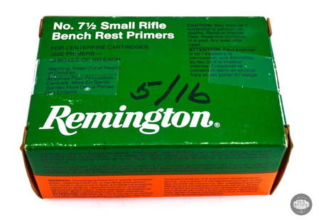 1000 Remington Small Rifle Bench Rest Primers #7-1/2 - Ten 100 Ct. Boxes: This lot contains 1000 Remington #7-1/2 Small Rifle Bench Rest Primers.10 boxes of 100 each with the ends taped shut and 5/16 written in sharpie. THIS ITEM IS AS PICTURED WITH NO FURTHER