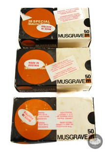 3 Boxes of 50 Ct (150 rounds) - Musgrave .38 Special Wadcutter - Made In Austria: This lot contains 3 Boxes of 50 Ct (150 rounds) of Musgrave .38 Special Wadcutter. Made In Austria. Warning label on box reads "Warning: This ammunition must only be used in LARGE FRAME