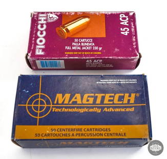 100 rounds .45 ACP 230 gr. ammunition. Fiocchi - Magtech: This lot contains Two 50 round boxes of 230 gr FMJ .45 ACP ammunition. One box of Magtech and one box of Fiocchi. THIS ITEM IS AS PICTURED WITH NO FURTHER ATTACHMENTS. ALL SALES ARE