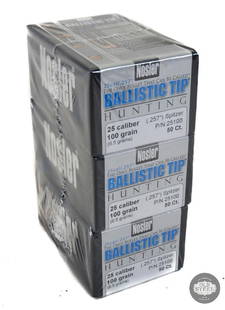 150 Rounds of Nosler 25 Cal (.257") Spitzer 100gr BallisticTip Bullets (3-50 ct Boxes): This lot contains 150 Rounds of Nosler .25 Cal (.257") Spitzer 100gr BallisticTip Bullets (3-50 ct Boxes). P/N 25100. Specifications: - Caliber: .25 - Bullet Diameter: 0.257 - Bullet Weight: