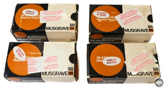 4 Boxes of 50 Ct (200 rounds) - Musgrave .38 Special Wadcutter - Made In Austria: This lot contains 4 Boxes of 50 Ct (200 rounds) of Musgrave .38 Special Wadcutter. Made In Austria. Warning label on box reads "Warning: This ammunition must only be used in LARGE FRAME REVOLVERS." 