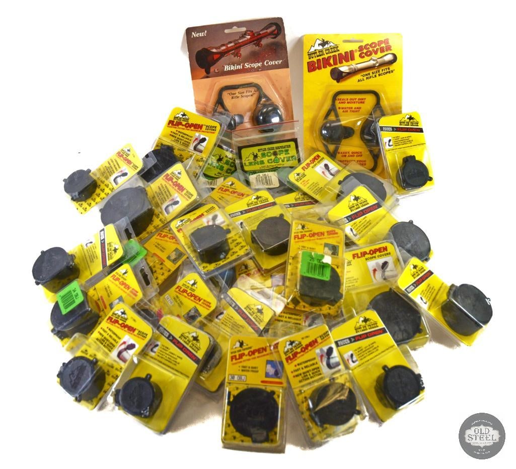Bulk Lot Butler Creek Flip Open Objective Lens Covers: This lot contains an assortment of various objective lens flip up sight covers by Butler creek with a few rubber 'bikini' scope covers. THIS ITEM IS AS PICTURED WITH NO FURTHER ATTACHMENT