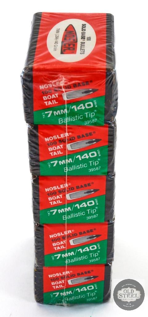 500 Nosler 7mm 140gr Solid Base Boat-Tail Bullets: This lot contains 500 Nosler 7mm 140gr solid base boat-tail bullets. THIS ITEM IS AS PICTURED WITH NO FURTHER ATTACHMENTS. ALL SALES ARE FINAL. PLEASE REFER TO THE AUCTION DESCRIPTION, LOT #0 DESCRIPT