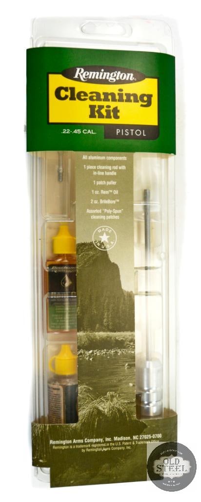 Remington Pistol Cleaning Kit - .22 - .45 Caliber: This lot contains a Remington brand pistol cleaning kit for calibers .22 through .45. Cleaning rod, jig, bore cleaner and Rem Oil. THIS ITEM IS AS PICTURED WITH NO FURTHER ATTACHMENTS. ALL SALES ARE F