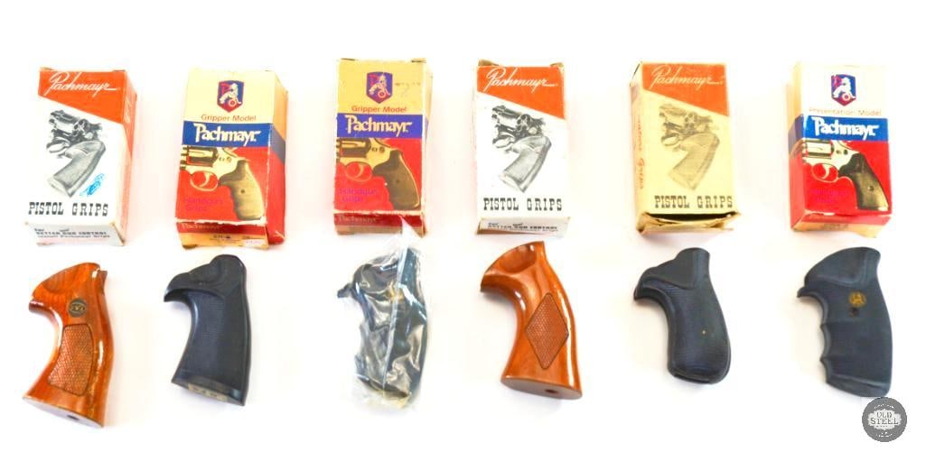 Assorted Pachmayr Revolver Grips: This lot contains 6 assorted Pachmayr grips for revolvers rubber and wood. THIS ITEM IS AS PICTURED WITH NO FURTHER ATTACHMENTS. ALL SALES ARE F