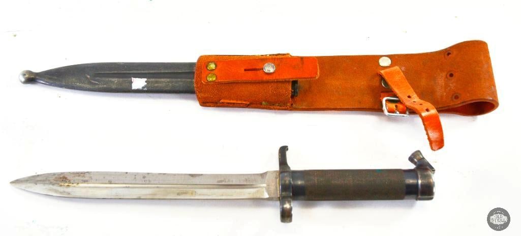 Swedish M1896 Bayonet with Scabbard and Frog - Unit Marked: Swedish m/1896 bayonet with the later conical locking stud. Unit marked L/12 No45b No886. Ricasso is marked (Eskilstuna Jernmanufactur AB) EJ-Anchor-AB and 886. Crown marked on obverse side. Include s