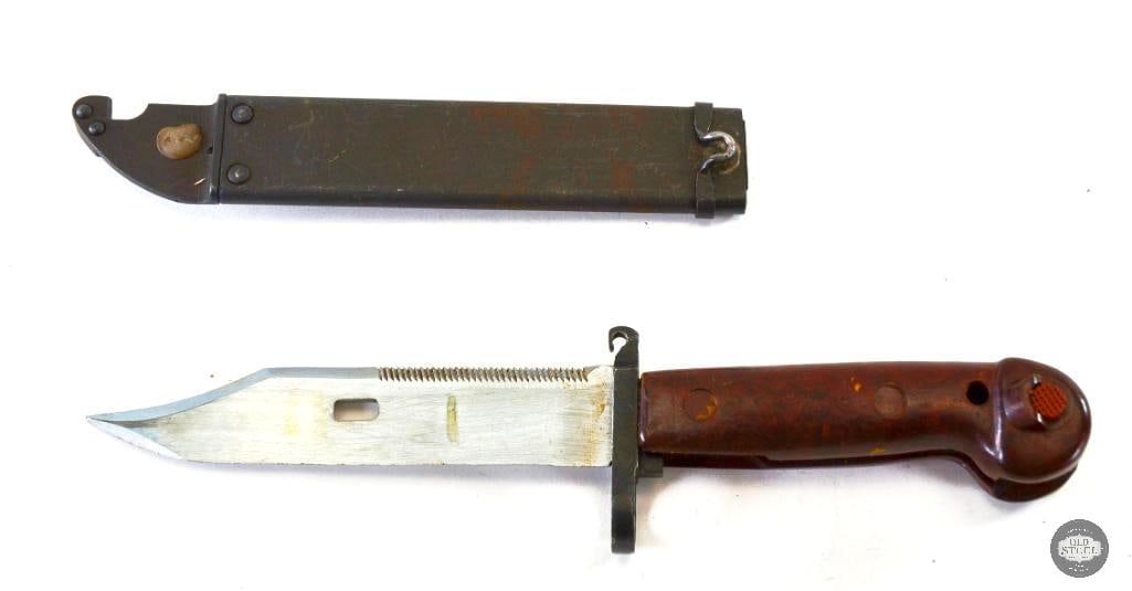 Type 1 AKM Bayonet - Matching Scabbard - No Frog: Type 1 AKM Bayonet - Matching Scabbard - No Frog - S/N: EB0778 Bakelite grip material. THIS ITEM IS AS PICTURED WITH NO FURTHER ATTACHMENTS. ALL