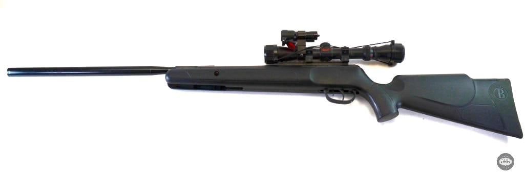Benjamin Varmint Nitro Piston Air Rifle - .22Cal/5.5mm - Simmons Scope - Light/Laser: This lot contains a break action Benjamin Varmint NP air rifle in .22cal/5.5mm. Attached is a Simmons 3-8x scope with a laser/light combo attached to it. Got pests? Learning or teaching the young'ns t