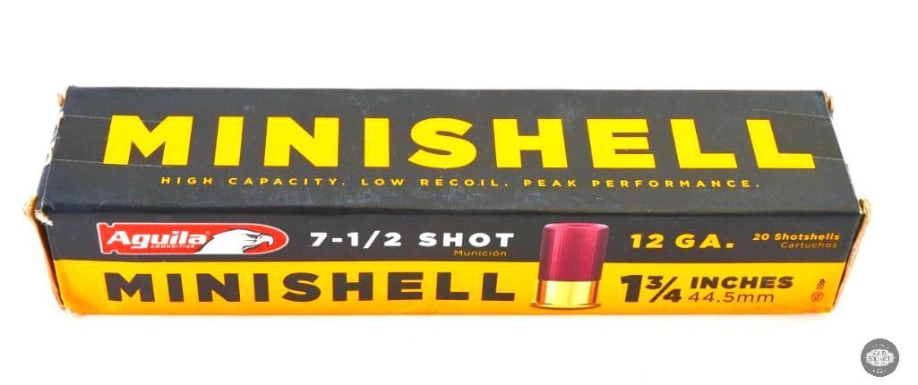 20 Shells Aguila 12GA 1-3/4 Inch 7-1/2 Shot Mini Shells: This lot contains a box of Aguila 12GA 1-3/4inch 7-1/2 shot mini shells. THIS ITEM IS AS PICTURED WITH NO FURTHER ATTACHMENTS. ALL SALES ARE FIN