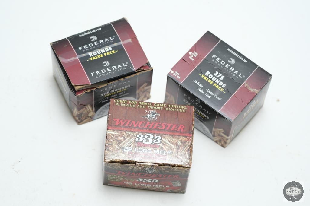 3 Boxes .22LR 36gr Copper Plated Hollow Point - 900 Rounds: 3 boxes of 22LR -Federal 36gr CPHP - 595 - (Two 375ct boxes one partial missing 155 rounds by weight) -Winchester 36gr CPHP - 333 THIS ITEM I