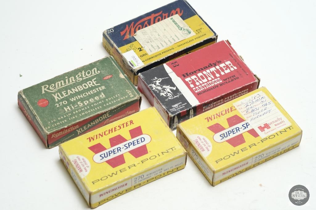 68 Rounds Reloaded 270 Winchester Ammunition: For this lot we have 68 rounds of reloaded 270 Winchester. One box has 11 spent brass casings. These rounds are stored in vintage ammo boxes from Hornady, Remington and Winchester Western. 