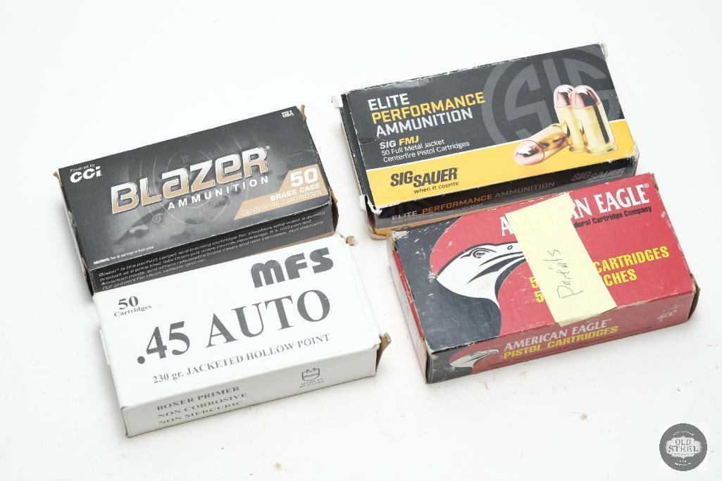 120 Rounds .45 Auto Ammunition: Four partial boxes of .45 Auto Ammunition -SIG box - 16rds 230gr FMJ -Federal American Eagle box - 36rds 230gr FMJ - 10rds unknown -Blazer box - 30rds 230gr FMJ -MFS box - 36rds 230gr JHP 