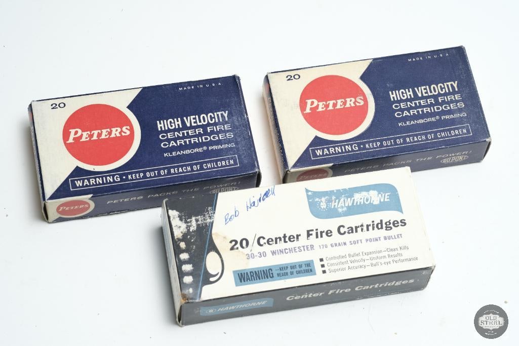Vintage 60 Rounds .30-30 Winchester Ammunition: Three boxes of .30-30 Winchester ammunition -Hawthorne 170gr Soft Point - 20rd -Peters 150gr Soft Point Core-Lokt - 2 Boxes - 40rds THIS ITEM
