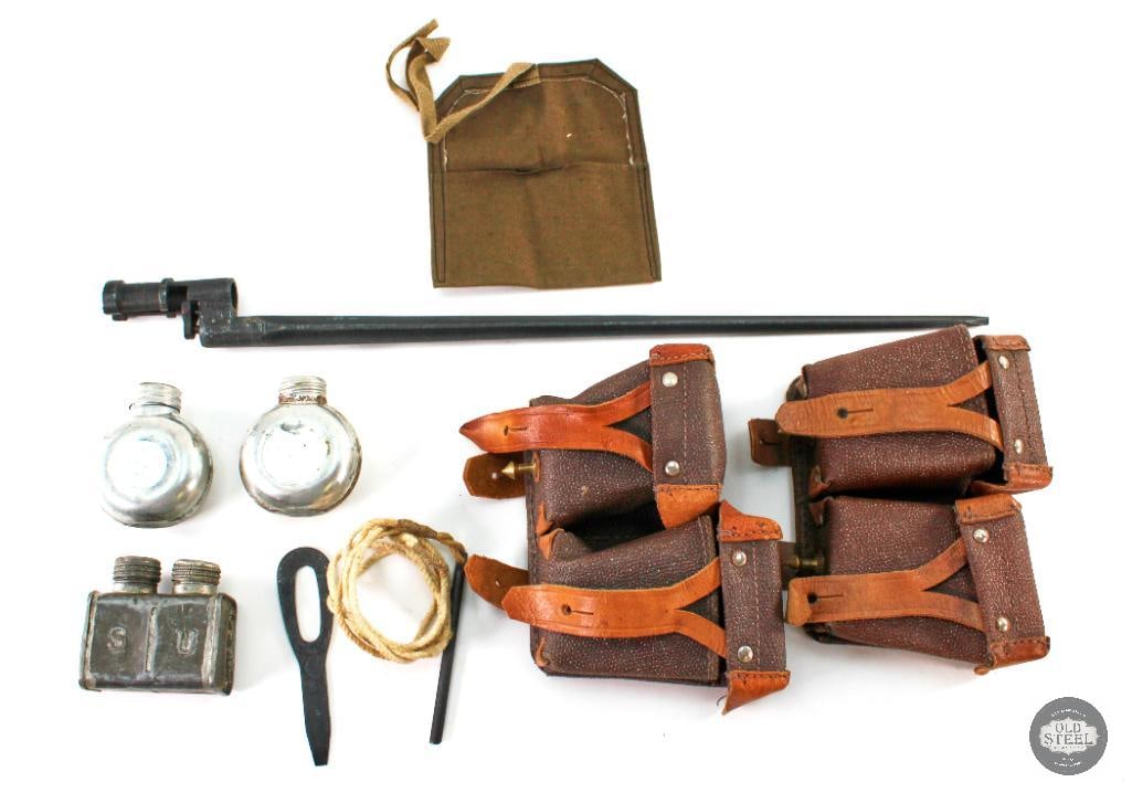 Mosin Nagant Bayonet, Ammunition Pouches, Oiler Bottles: For this lot we have a Mosin Nagnt bayonet with 2 dual ammo pouches and 2 oiler bottles. No visible markings on the bayonet. THIS ITEM IS AS PIC