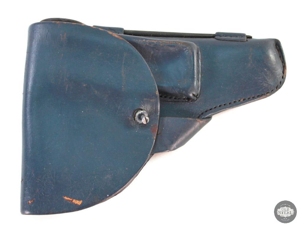 Romanian Grey Leather Tokarev TT33 Holster and Cleaning Rod: For this lot we have a Romanian Tokarev TT33 holster in gray leather with a cleaning rod. Good condition with the snap lug missing and having a nut and bolt holding its place. 