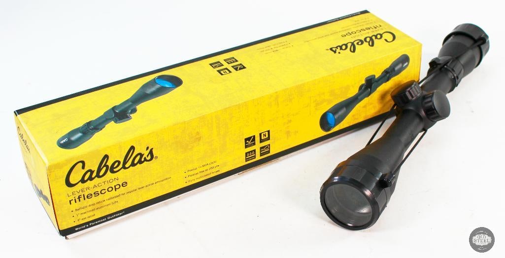 Cabela's Lever Action Rifle Scope - 3-9x40 - Like New in Box - High Mount Rings Included: Here we have a like new in the box, Cabela's brand rifle scope. Per the box's specs this is a .30-30 scope with 3-9x magnification and a 40mm objective lens and 4inch eye relief. Inside the box is a p