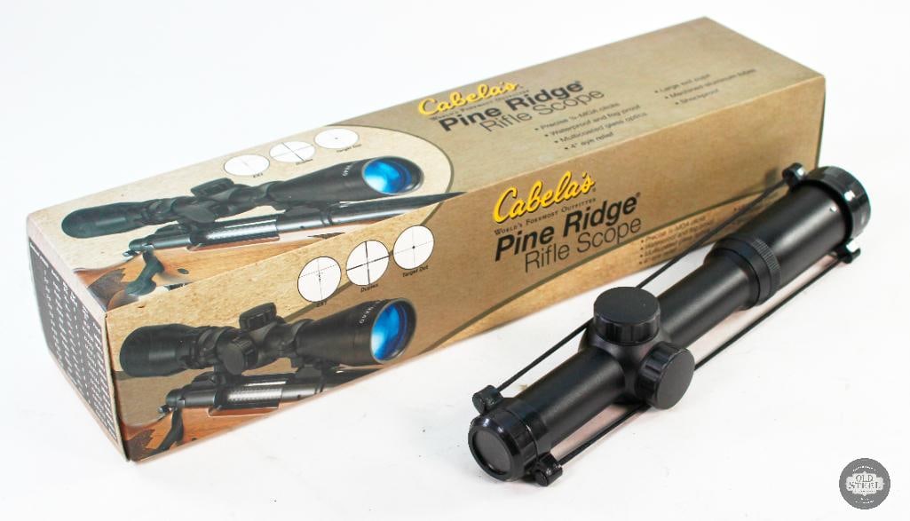 Cabela's Pine Ridge Rifle Scope - 1x20mm - Like New in Box: A Cabela's Pine Ridge rifle scope like new in the box. 1x20mm, duplex reticule, 4 inch eye relief. THIS ITEM IS AS PICTURED WITH NO FURTHER ATTACHMENT