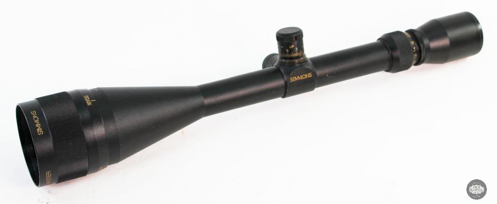 Simmons 6-24x50 A/O Prairie Master Rifle Scope: This lot contains a used Simmon 6-24x50mm Prairie Master rifle scope. Clear glass and clean body. The turret covers are missing. THIS ITEM IS AS