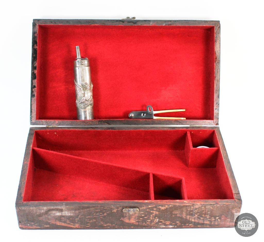 Antique Black Powder Revolver Storage Box: Red felt lined wooden storage box for black powder revolvers with brass bullet mold and powder can. THIS ITEM IS AS PICTURED WITH NO FURTHER ATT