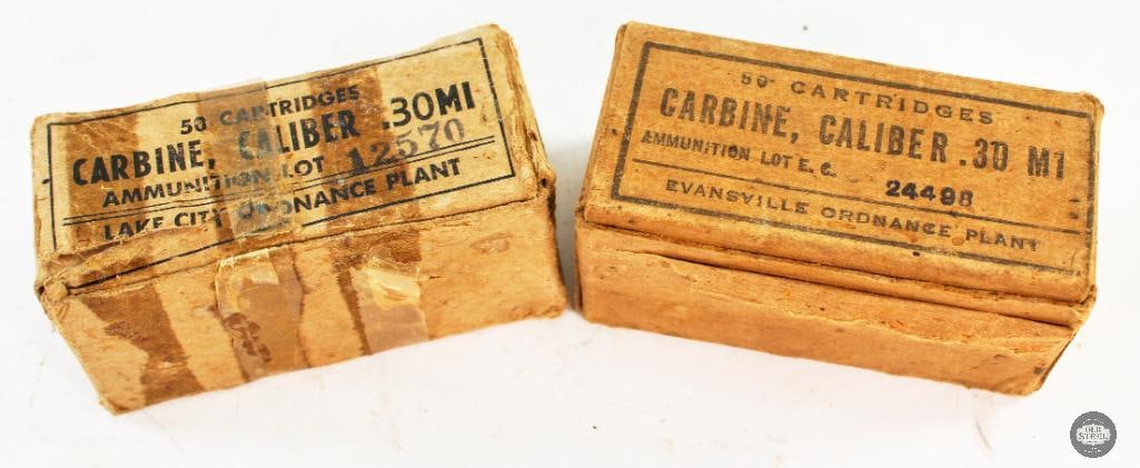95 Rounds 30 Carbine Ammunition: 2 boxes of .30 Carbine ammunition -Opened box with 45 rounds - Lake City -Full box from Evansville Ordnance - 50rds THIS ITEM IS AS PICTURED W