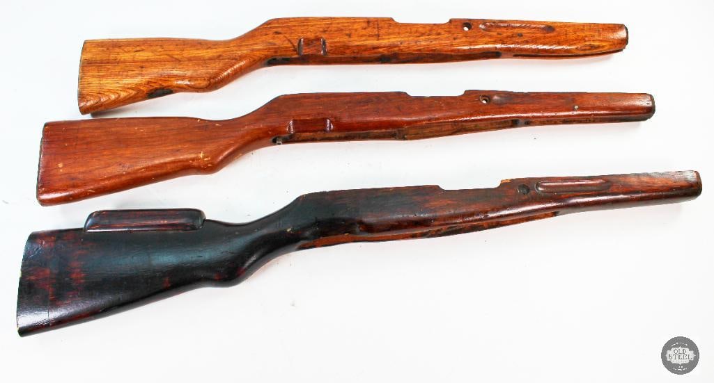 3 Wooden SKS Rifle Stocks: 3 wood rifle stocks for the SKS platform. 2 of the stocks have cuts for folding bayonets. THIS ITEM IS AS PICTURED WITH NO FURTHER ATTACHMENTS.