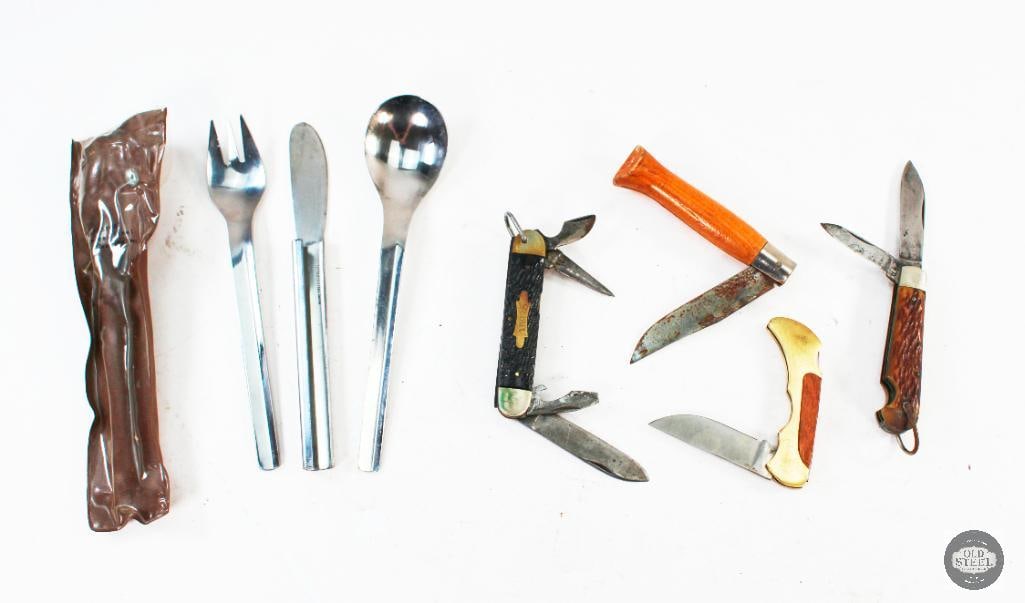 4 Pocket Folding Knives and Camping Utensil Set: This lot contains 4 folding knives and a Safesport camp set of utensils -Imperial 2 blade folding knife - 3inch blade -Imperial Scout folding knife - 3 inch blade + 3 tools - Broken grip panel -Unmark