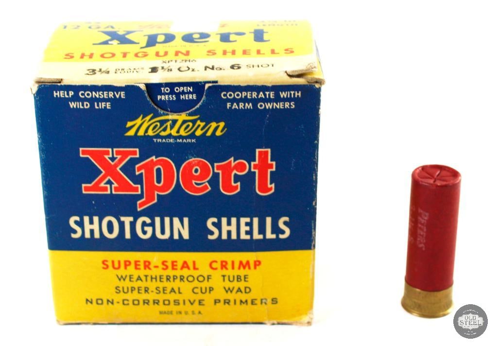 Vintage 12GA Paper Shell Ammunition - Mixed Lot - 2 3/4in: For this lot we have a vintage Western brand shotgun shell box with 25 12GA shells from different makers. All shells are paper. -5x Shells Western - Original to box 2 3/4inch 3 1/4 dr.eq. - 1 1/8oz - 