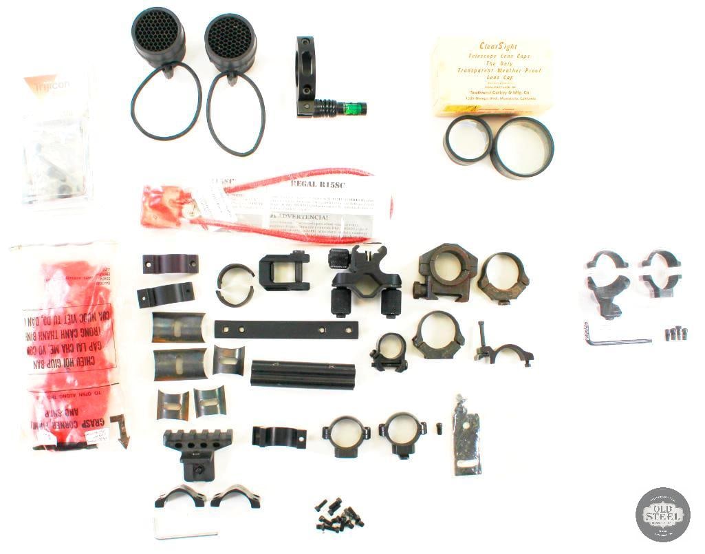 Various Scope Rings and Bases: This lot has an assortment of one inch scope rings and some various bases. Additionally, a gun lock and a bag of gas port adjusting wrenches for 8mm Egyptian rifles. 