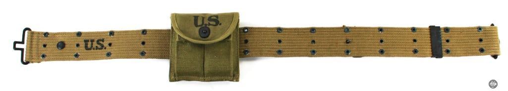Pistol Belt and Double Magazine Pouch with Two Magazines - RM Co 1942 - DM SHOE CO 1943: Offered is a webbing belt with an M1 Carbine double magazine pouch holding two magazines. The belt is marked RM Co 1942 and the pouch is marked DM SHOE CO 1943. 