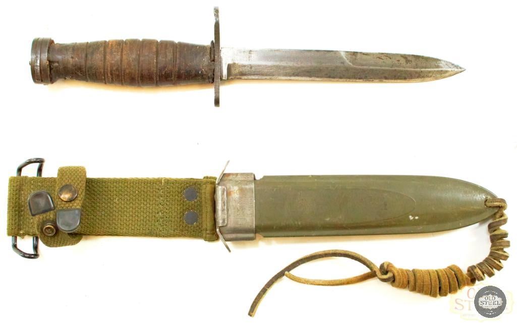 US M4 Bayonet w/ Flaming Bomb Markings from CASE - M8 Sheath from BM CO: On offer here is another M4 bayonet and M8 sheath, this time from CASE, and BM CO respectively. The bayonet features a pommel mark denoting "157" and a guard marking with the mfg logo and a flaming bo