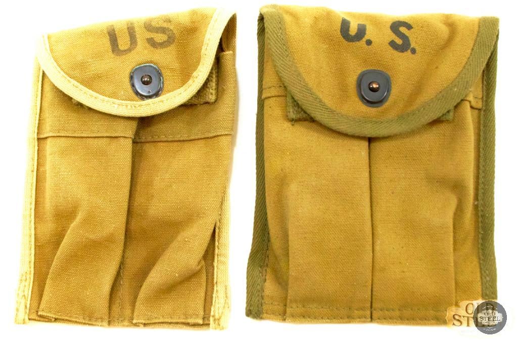 2x Twin 30-Round Magazine Pouches - Tan - Unknown Mfg: Here we have a set of 2x twin magazine pouches for 30-round M1 Carbine magazines from an unknown manufacturer. The pouches of are a very similar, if not identical, design, but one features a lighter t