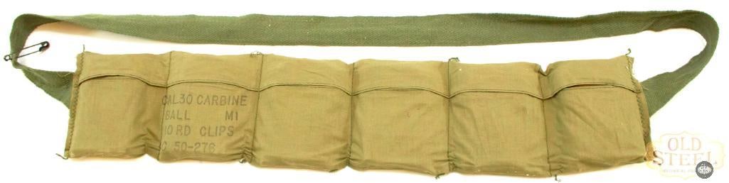 Cloth Bandolier of .30 Carbine Ammunition - 12x Stripper Clips - 120 Rounds Total: Here we have a cloth bandolier filled with 10-round stripper clips of .30 Carbine FMJ ammunition, totaling 120 rounds in 12 stripper clips. THIS