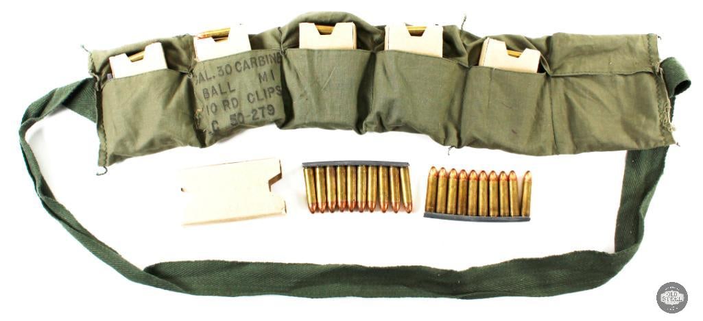 Cloth Bandolier of .30 Carbine Ammunition - 12x Stripper Clips - 120 Rounds Total: Here we have a cloth bandolier filled with 10-round stripper clips of .30 Carbine FMJ ammunition, totaling 120 rounds in 12 stripper clips. THIS ITEM