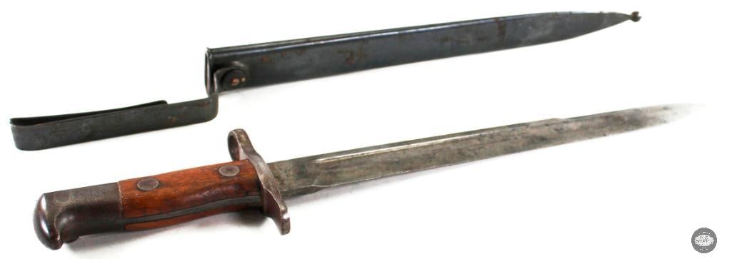 US M1899 Krag Bayonet and Scabbard - Mfg 1899: Offered is an M1892 bayonet and scabbard for the US Krag Rifle. The ricasso is marked US on one side and 1899 on the other. Good condition of both blade and scabbard. 