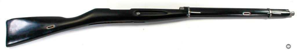 Painted Mosin-Nagant 91/30 Stock: This lot contains a black painted Mosin-Nagant rifle stock, handguard, and barrel bands. The stock is in good condition without any major damage, and the coat of paint was well applied. Some minor scr