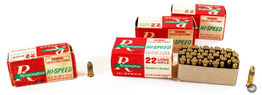 150rds Remington .22 Long Rifle and 50rds .22 Short: Four boxes Remington Hi-Speed .22 ammunition. Three boxes .22 Long Rifle and one box .22 Short. Each box contains 50rds. THIS ITEM IS AS PICTURE
