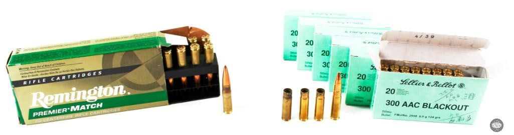300 BLK Ammo from Remington and Sellier & Bellot - 137 Rounds: For this lot we have several boxes of 300 BLK (.300 AAC Blackout) ammunition. One box comes from Remington "Premier Match" and contains 20 rounds. The other boxes are from Sellier & Bellot, 5 of w