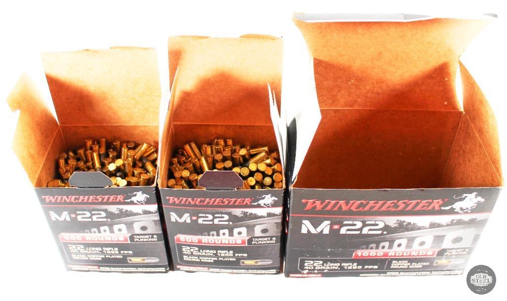 Winchester .22LR 40gr Ammunition - Roughly 1000 Rounds: For this lot we have a box of Winchester .22LR 40gr ammunition. Comes in two 500 round boxes and the boxes appear to be full or very close to full, and should contain around, if not exactly, 1000 roun
