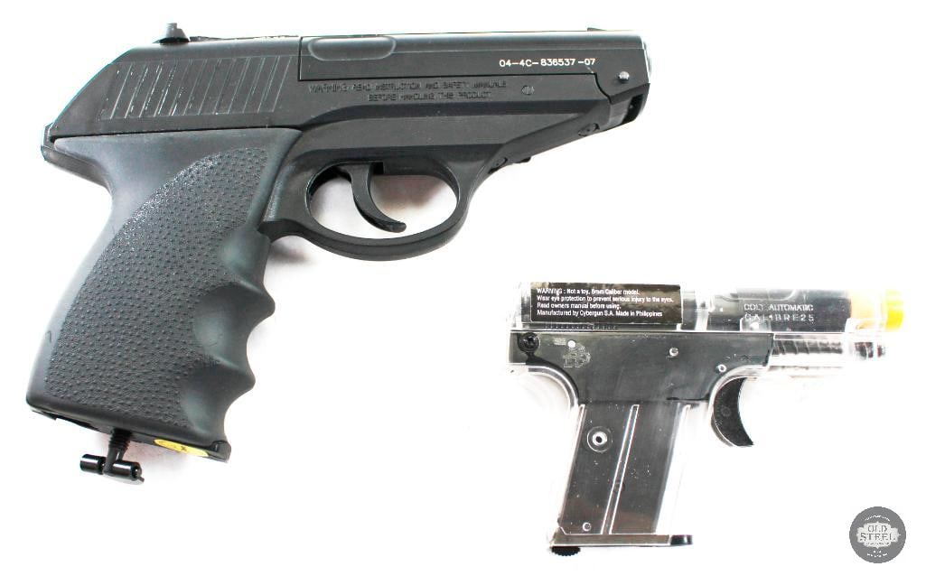Gamo P-23 Airgun and Colt Automatic Spring BB Gun: Here on offer we have two BB guns, one being CO2 powered, and the other spring powered. The air pistol is a Gamo P-23 that features an adjustable rear sight and a double-action style trigger. The smal