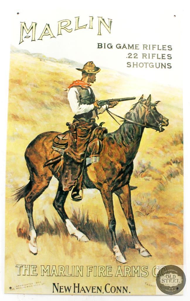 Marlin Firearms Co. Metal Poster: A classic metal poster from Marlin Firearms depicting a mounted vaquero holding his rifle. THIS ITEM IS AS PICTURED WITH NO FURTHER ATTACHMENTS. ALL S
